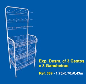 Expositor com 3 cestos e ganchos, branco, AT.