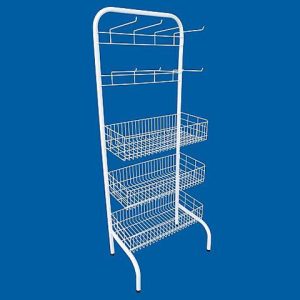 Expositor c/3 cestos e 8 ganchos, branco, 50x130cm .